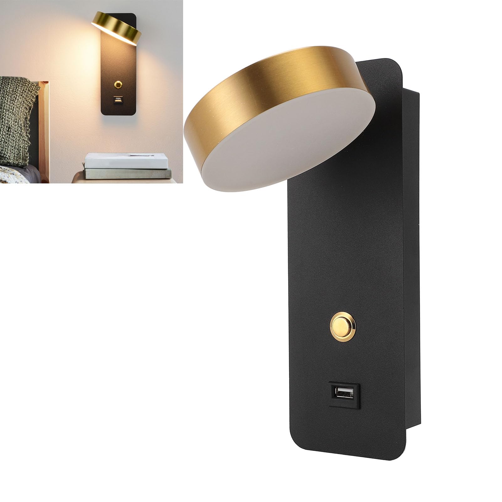 Lampy ścienne LED, Obrotowe Metalowe Kinkiety ścienne, 3 Temperatury Barwowe i Port ładowania USB, Nowoczesny Kinkiet Podłączony na Stałe do Sypialni do Czytania Przy łóżku