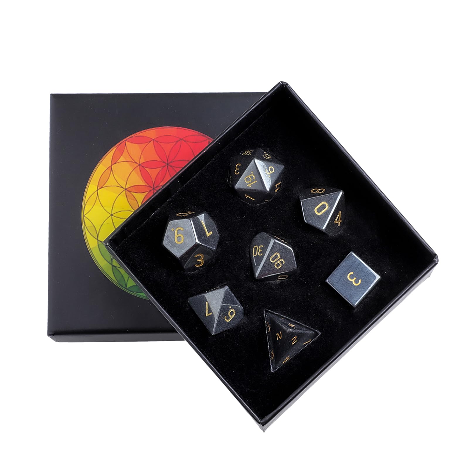 KYEYGWO Hematite Crystal Stone Polyhedral Dice Set, 7 Pieces Table Games Dice for Dungeons and Dragons RPG DND Board Game