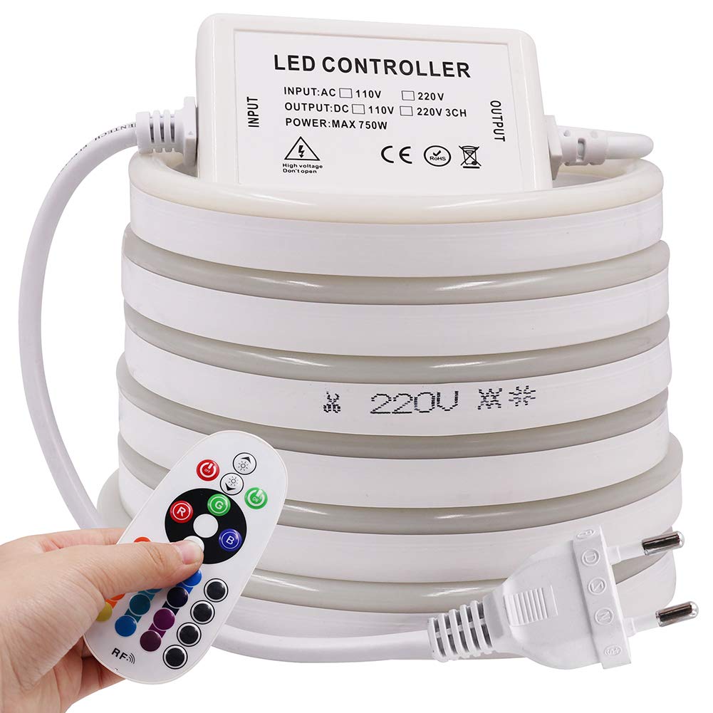 KISUFU RGB Neon LED Streifen,Neon Wasserdicht Strip 220V Outdoor Flexibler DIY Lichtband für Innen Weihnachtsfeier Aussenbereich Schlafzimmer, Schrank, Bar,mit Netzteil und 24 Tasten Controller (5m)