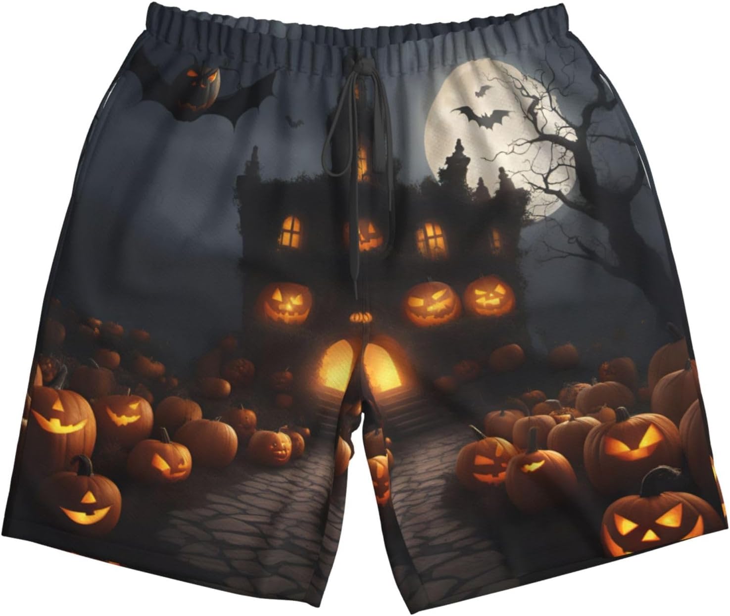 Mens Halloween Pumpkin Print Beach Shorts,Casual Summer Shorts for Men,Quick Dry Polyester