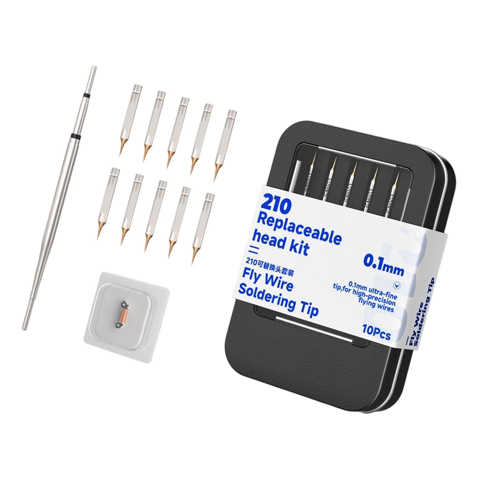 Carotoe Straight Point 10 Count C210 Soldering Head Set With Heat Insert, 0.1Mm Fine Fly Wire Heads For Phone Board And Screen Cable Service Phone Board Service Soldering Head Set