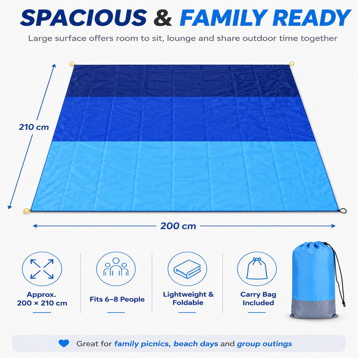 Grande Couverture De Plage Imperméable 200 X 210 Cm, Tapis De Pique-nique | Grand Tapis De Pique-nique Imperméable Et Résistant Au Sable Avec 4 Piquets De Sol, Sac De Transport Compact Et Surface Facil
