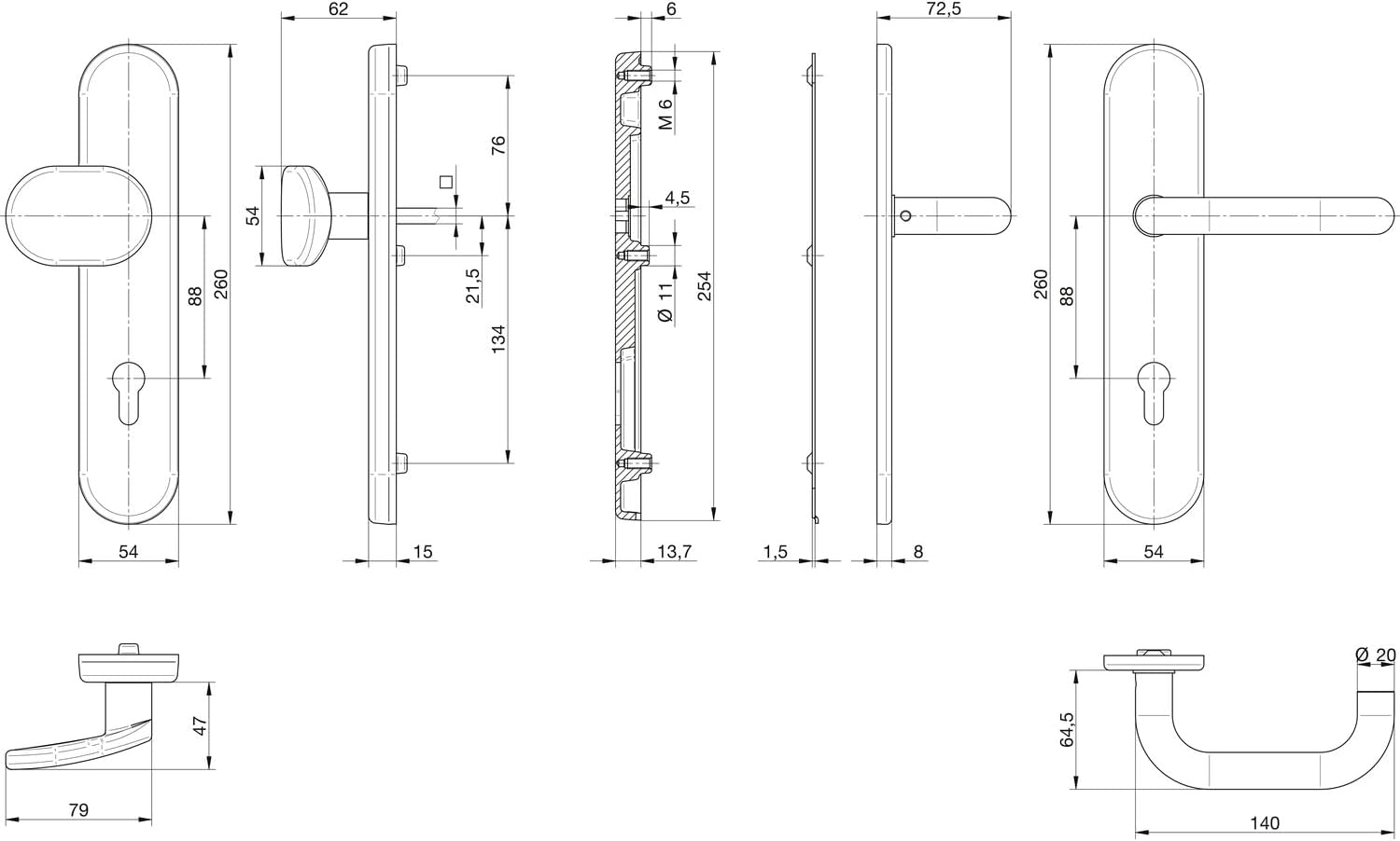 117477 Silver FH 1752 Door Handle on Long Plate PZ 88, U-Shape and Door Knob ÖNORM, Anodised Aluminium