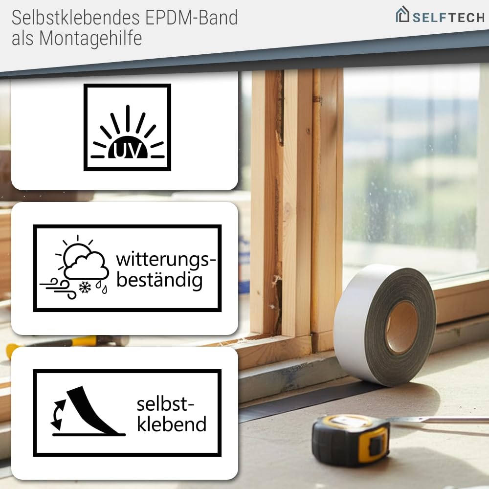 Selbstklebendes EPDM Fugenband als Montagehilfe - schwarzes Dichtungsband für Fassadenprofile | Stärke 0,8mm / Länge 25m (60mm)
