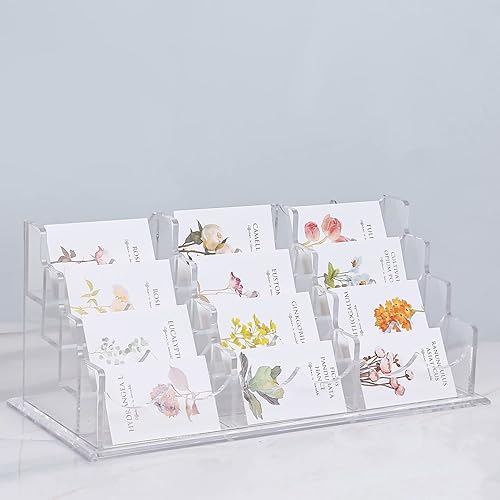 Miniatura 1 de Tarjetero de acrílico transparente para escritorio de 12.6 x 5.5 x 5.2 pulgadas, 4 niveles y 12 bolsillos, soporte para tarjetas de visita múltiple