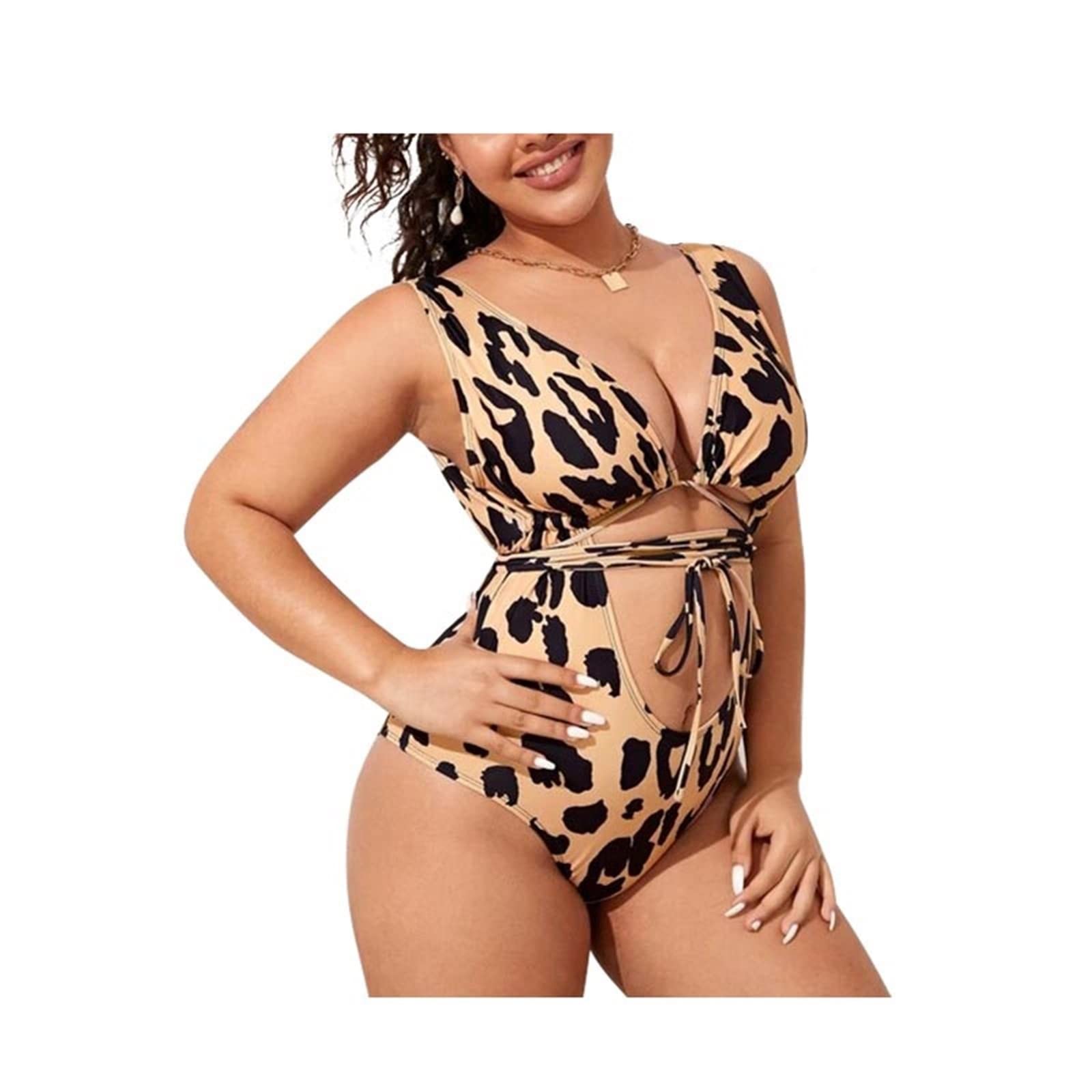 Kostium kąpielowy plus size 1 sztuka, damski strój kąpielowy wycięcie bez pleców nadruk panterka poliester miękki strój kąpielowy