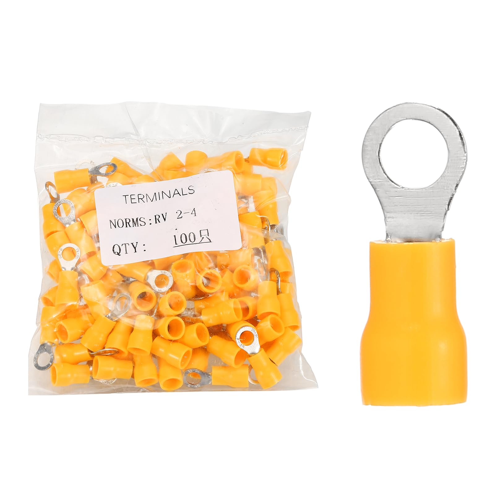 sourcing map 100pcs Terminals Ring Connectors #8" Tinned Copper Insulated Ring Crimp Terminals 16-14 Gauge for Electrical Industrial Chemical Project, Yellow