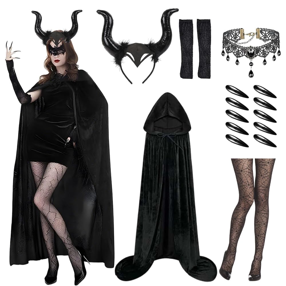 17 Piezas Disfraz de Diablo para Mujer Set, Disfraz de Halloween para Mujer, Maléfica disfraz Diablo, mujer diablo Capa Cuernos Collar Gótico, Capa Negra Capucha con Uñas Strümpfe