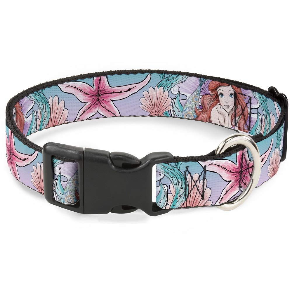 Dog Collar Plastic Clip The Little Mermaid Ariel Sketch4 Pose Shells Kelp Blues Pinks 8 to 12 Inches 0.5 Inch Wide