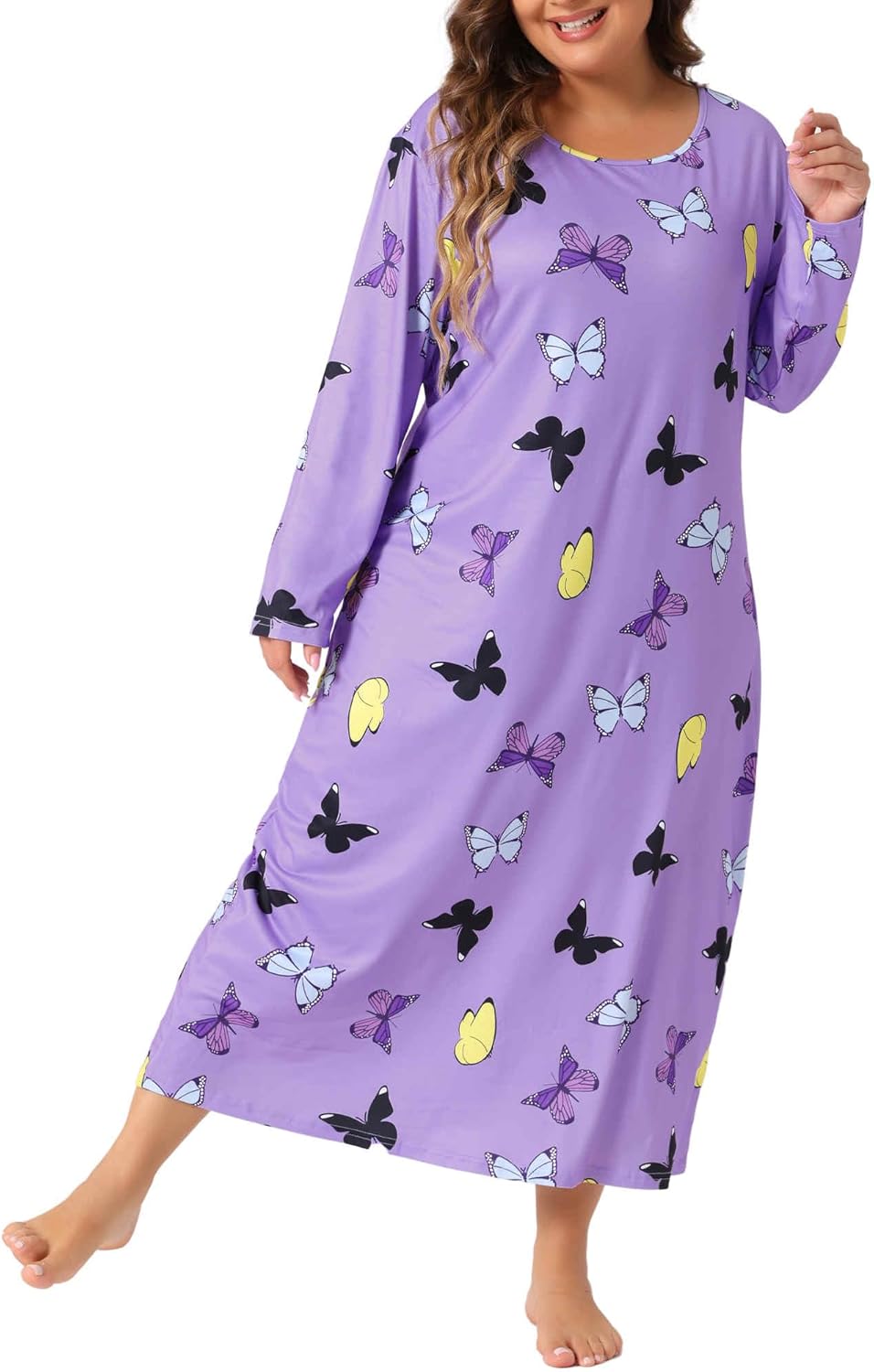 Agnes Orinda Plus Size Pajamas for Women Crew Neck Long Sleeve Casual Print Sleep Dress Nightgown Sleepwear