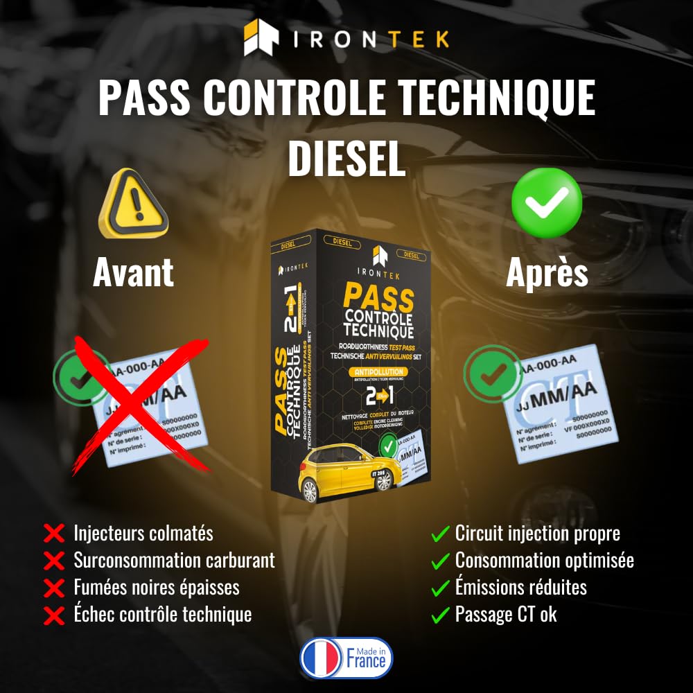 Aditivo Pasar ITV Diésel - IRONTEK - 2x300ml | IT205 | Limpiador Inyectores | Tratamiento Aceite Motor | Reduce Emisiones | Acción 300 km