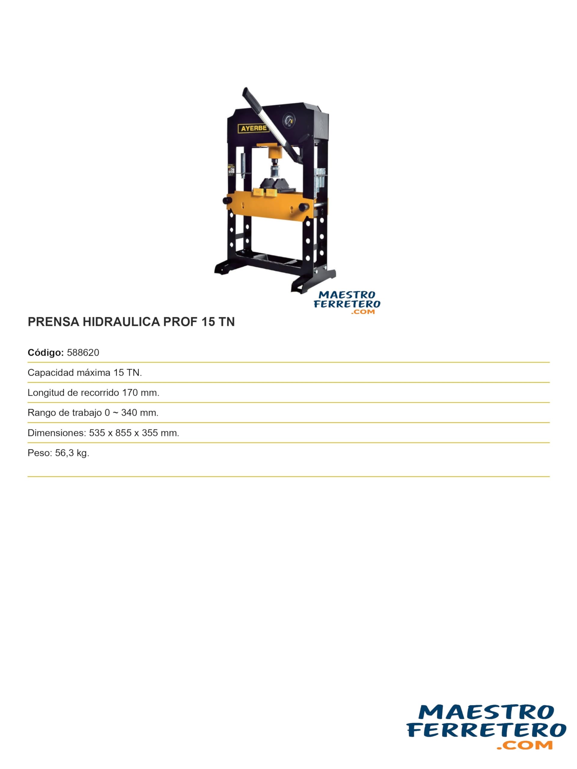 Prensa Hidráulica Profesional 15 TN Recorrido 170 mm Rango 340 mm Taller Industrial