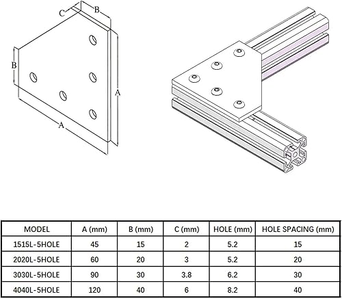 Miniatura 2 de 4 juegos de soportes de esquina 4040 con 5 agujeros en forma de L, placas de unión en conjunto para accesorios de extrusión de aluminio 4040, color