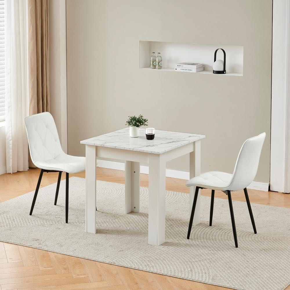 75x75 cm Small Dining Table and 2 Chairs, 2 Seater Table and Chairs Set Kitchen Dining Room Set for 2, Compact, Space Saving, Wooden, Glossing Tabletop Marble-White (2 Seats, Velvet Diamond White)