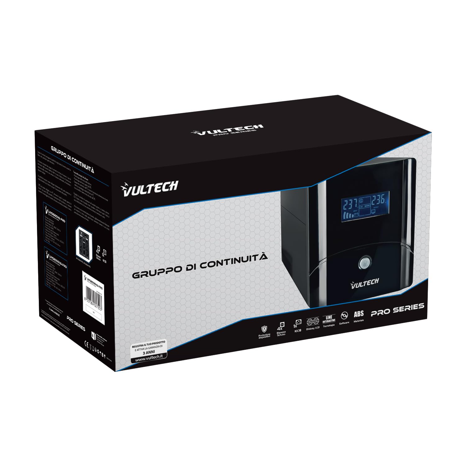 VulTech UPS1500VA-PRO Line Interactive - Alimentation sans Interruption avec écran LCD, Noir, Version Italienne