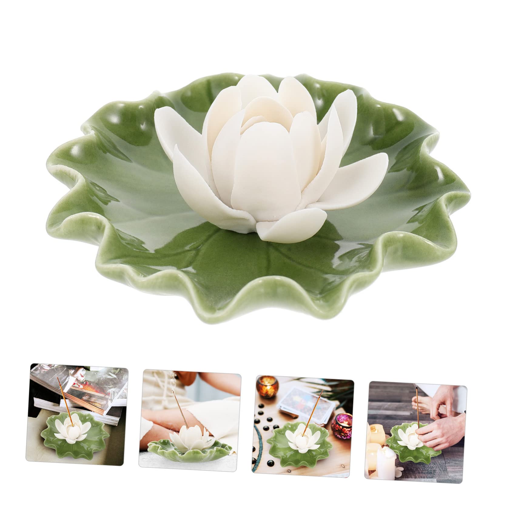 AOKWAWALIY Porta incenso foglia di loto fiore di loto, bruciatore di incenso, fiore di loto, supporto per bastoncini di incenso, coni di incenso, bianco, decorazioni in ceramica