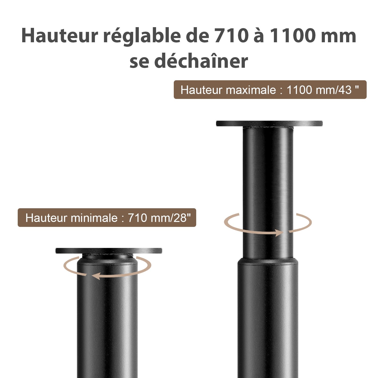 Pieds de Meuble réglables, 71-110cm Pied de Lit Reglable Pied de Table Métal avec Accessoires de Montage, Pied Meuble Salle de Bain Bureau Meuble Cuisine (1 Pied Noir)