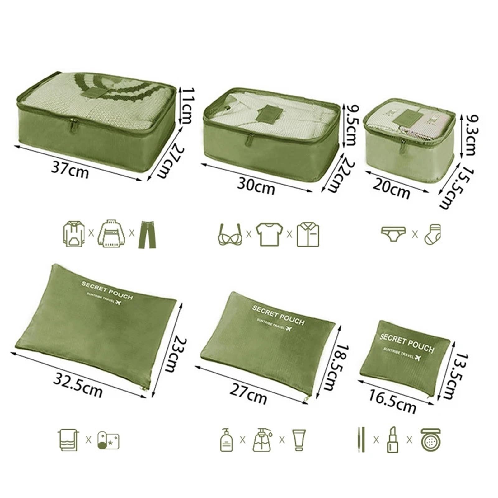 6 pezzi Borse portaoggetti da viaggio portatili Organizzatore di valigie impermeabile Borsa for bagagli Armadio Vestiti Scarpe per Vestiti, Scarpe, Cosmetici(Green)