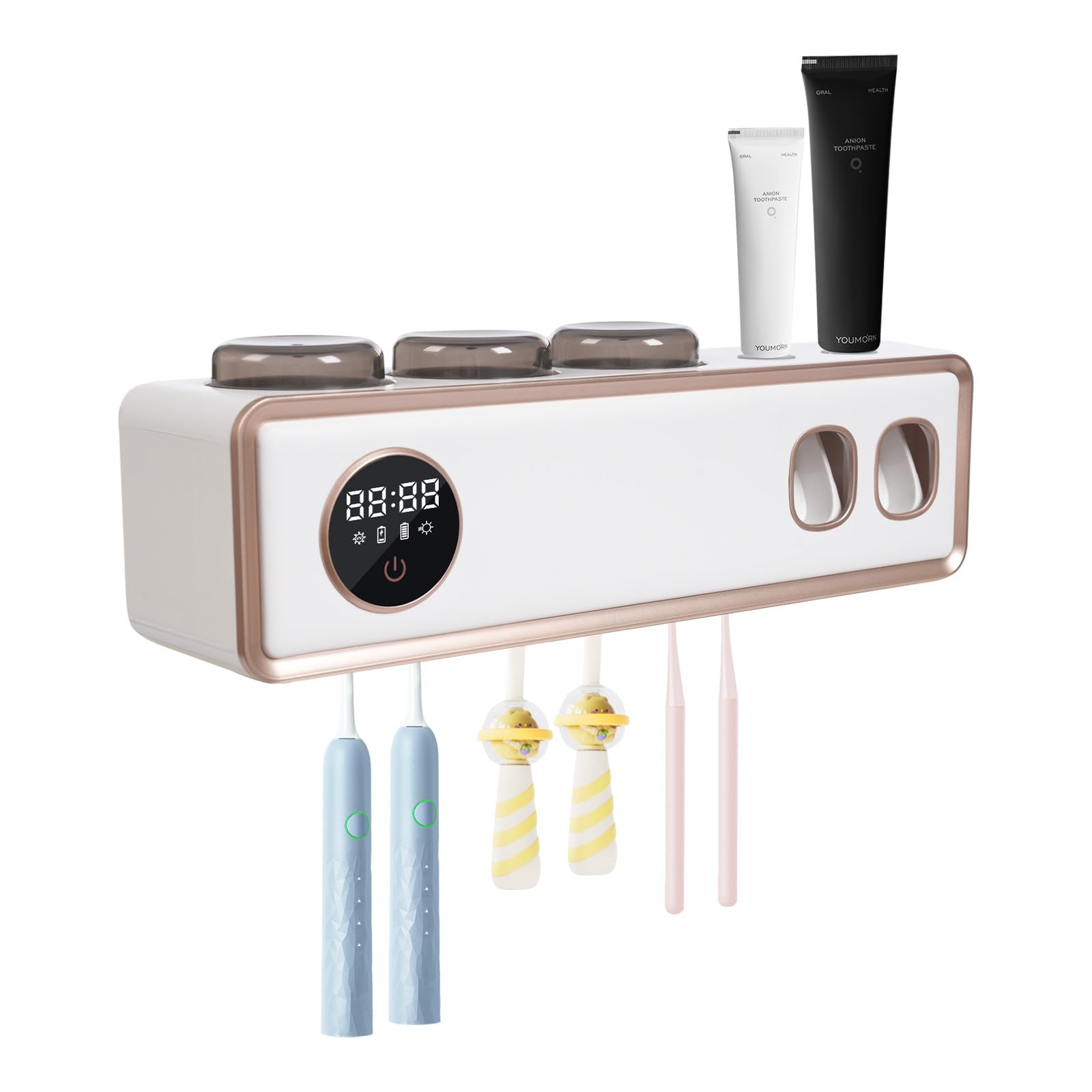 Portacepillos de dientes 2 dispensadores de pasta de dientes 3 tazas y 6 portacepillos de dientes soporte para cepillo de dientes para montaje en pared con carga USB y esterilización eficiente