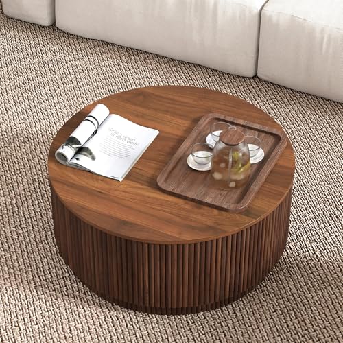 Image of 31.5 inch Round Coffee Table with Storage, Mid Century Modern Coffee Tables with Fluted Base, Wooden Circle Accent Center Table for Living Room Small Space Apartment Office (Walnut)
