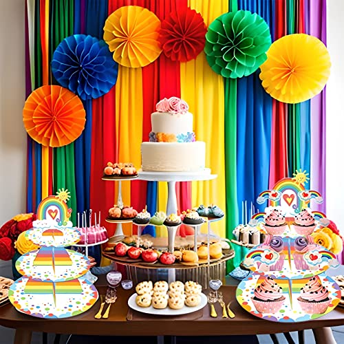 Rainbow Theme Birthday Party Decorations, Rainbow Birthday Party Supplies Favors For Girl, 3-Tier Rainbow Cardboard Cupcake Stand For 24 Cupcakes, Rainbow Cupcake Toppers Decoration At Table #TOP2