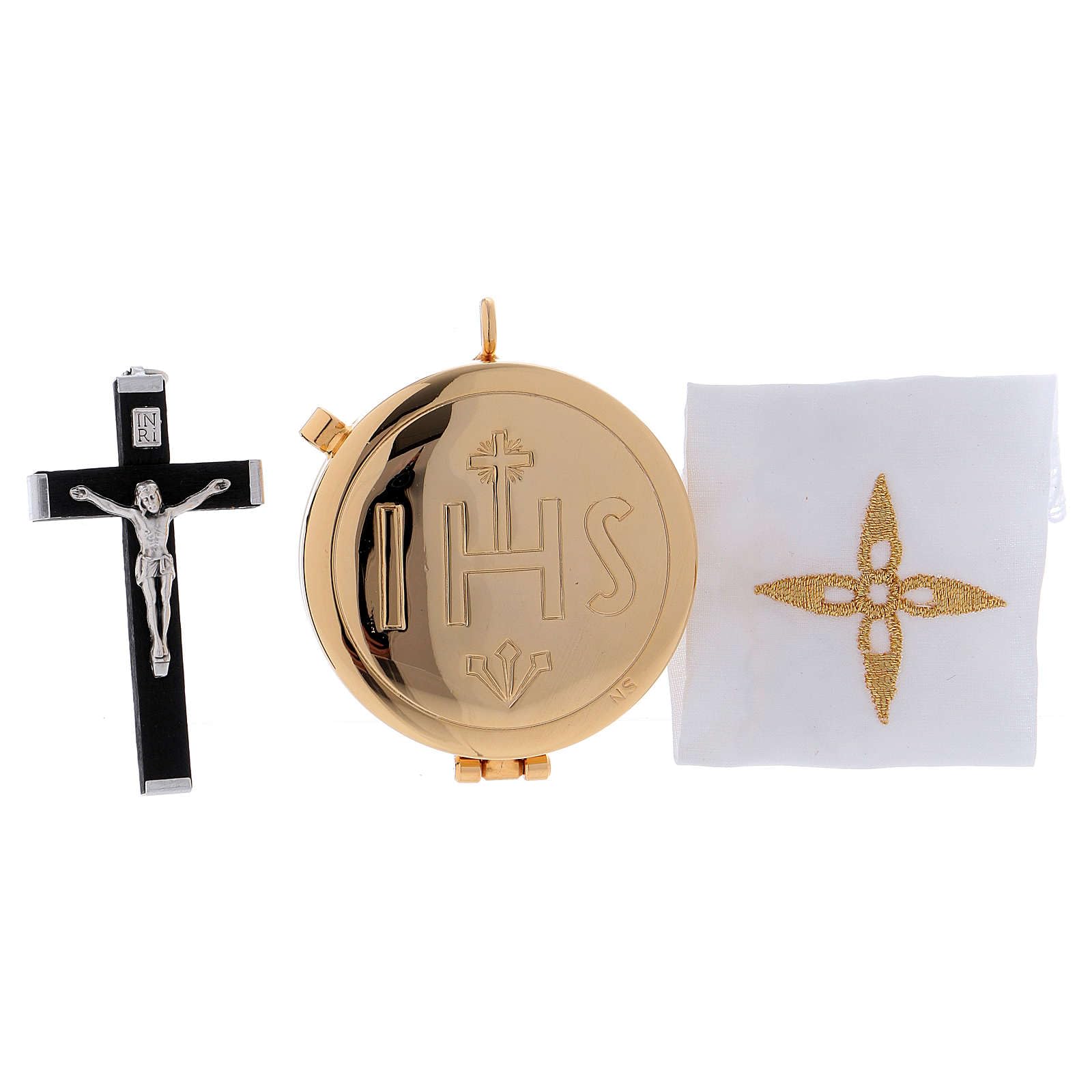 Holyart Custodes à hosties: Étui en Cuir et Custode à hosties dorée IHS diamètre 5,5 cm