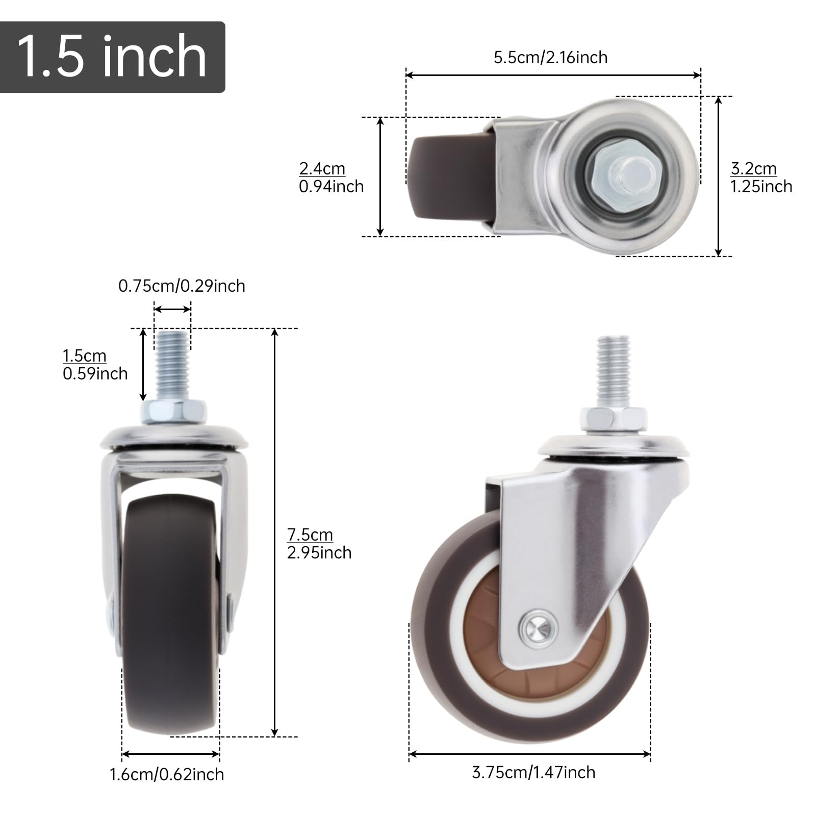 Juego de 4 Ruedas giratorias pequeñas de Goma TPR de 1,5 Pulgadas con rodamientos de Bolas para Muebles sin Freno (Color café, 1,5" M8 x 15 sin Freno)