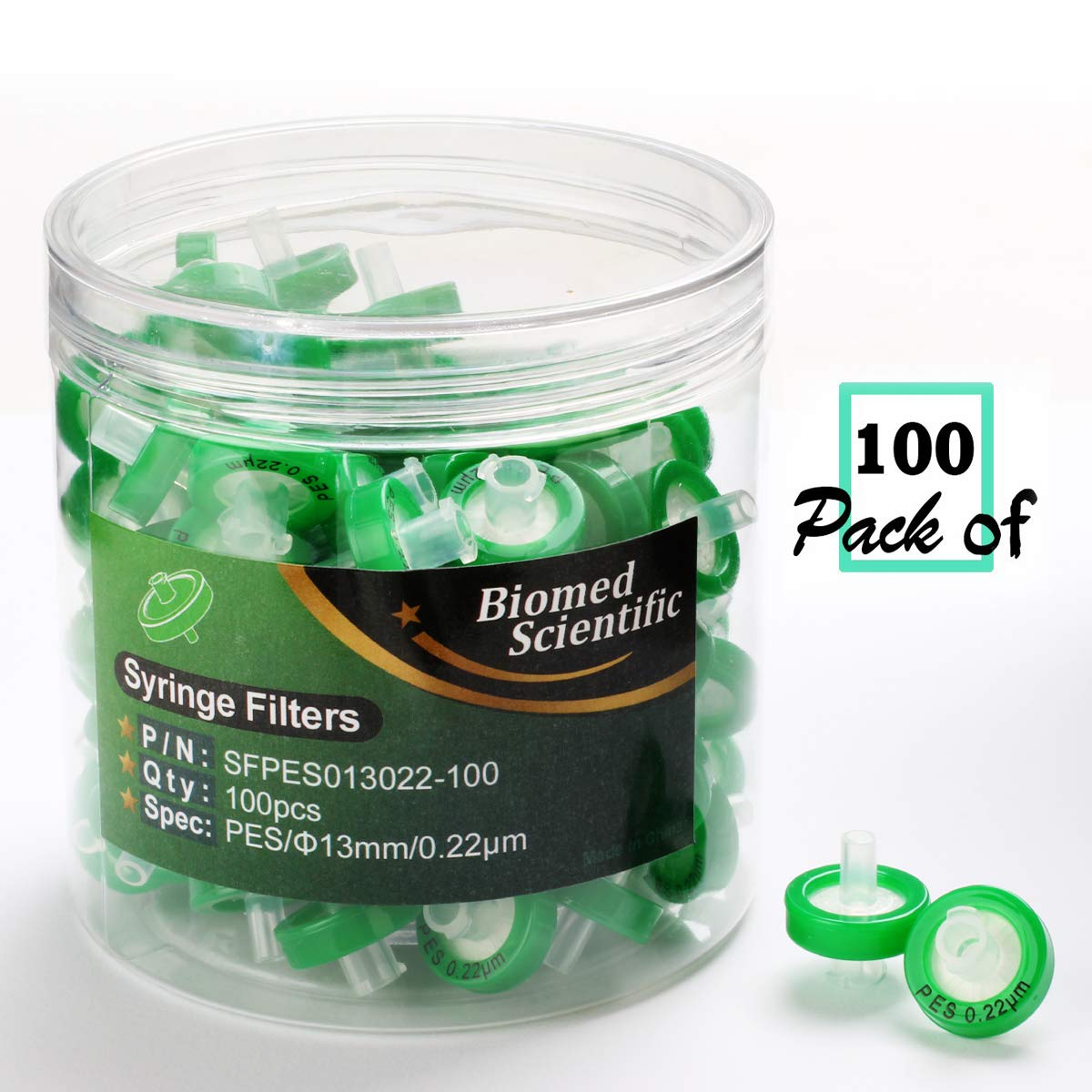 Seringue filtre PES (Polyethersulfone) 13 mm de diamètre 0.22um Taille des pores non stériles Biomed Scientific Lot de 100