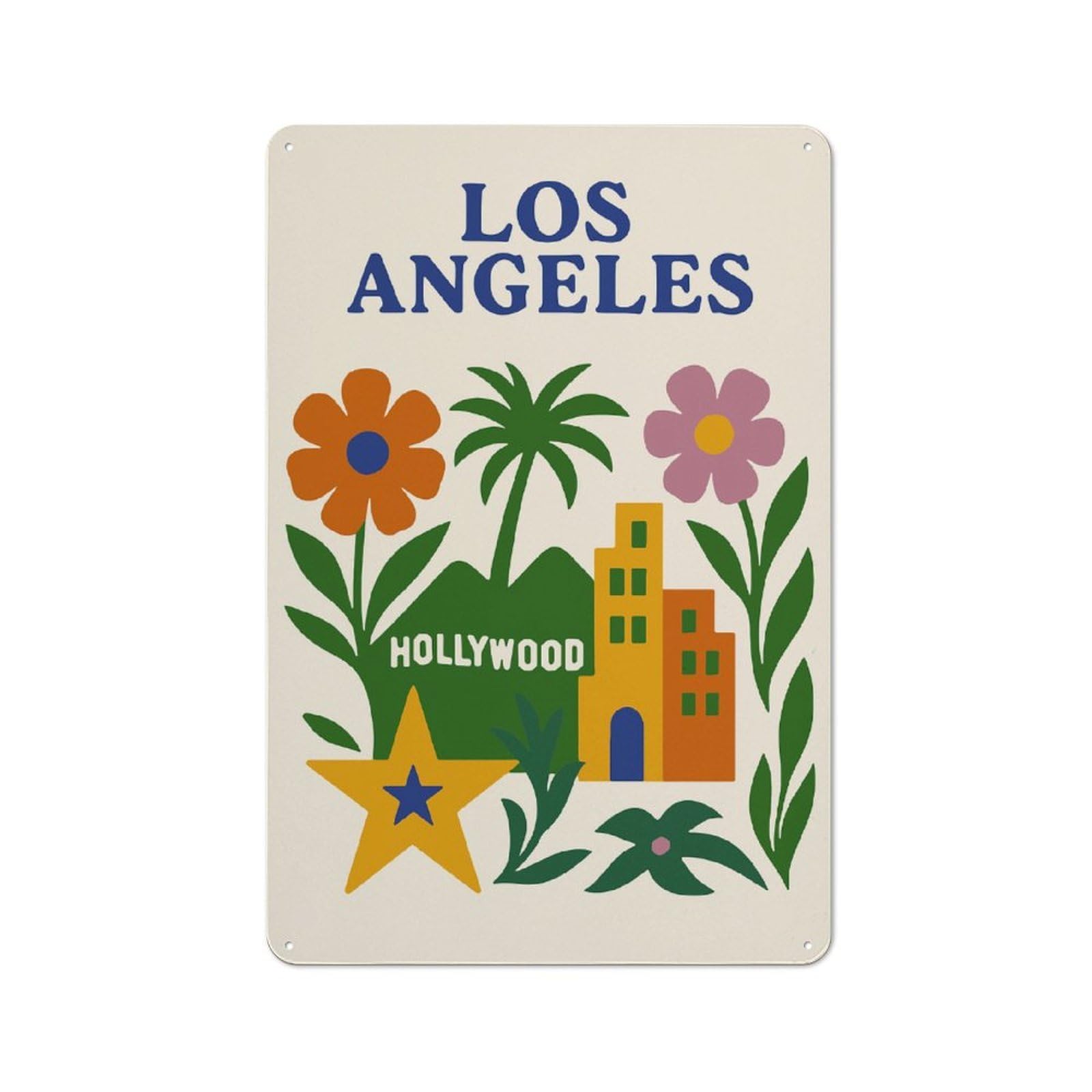 Junmoney Style-14 Tin Wall Plaque 30X20cm With Los Angeles And Hollywood Illustration For Workshop Wall, With Clear Retro Wall Decor Character