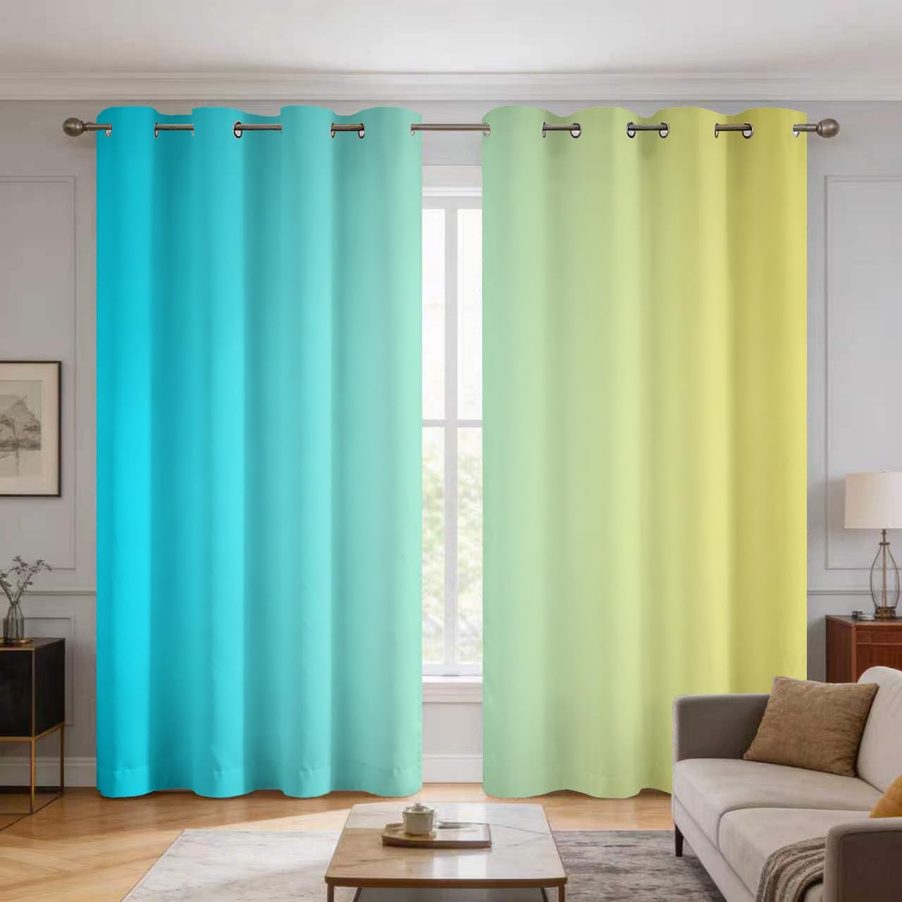 Blue and Yellow Ombre Curtains 90 Inch 2 Panels Set, (W46 x L90)