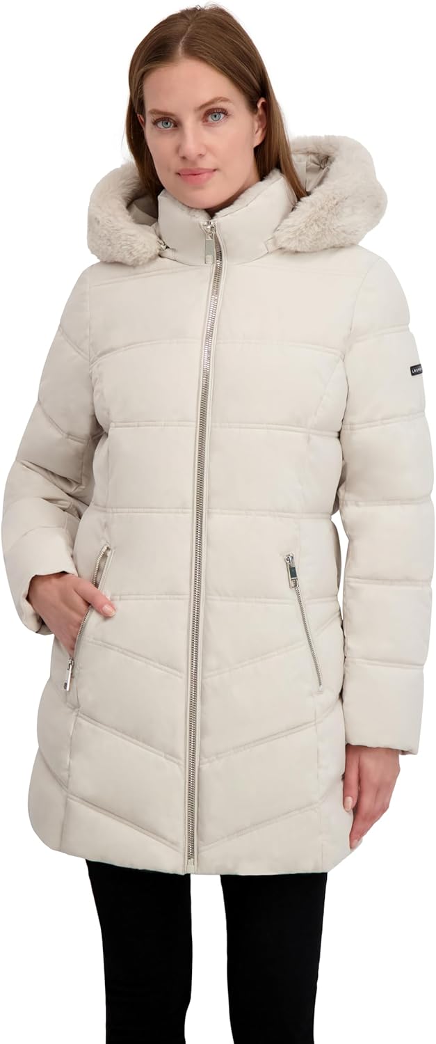 Laundry by Shelli Segal Women's Stretch Quilted Puffer Jacket– Winter Coat, Zip-off Hood Turnback Faux Fur - Image 5