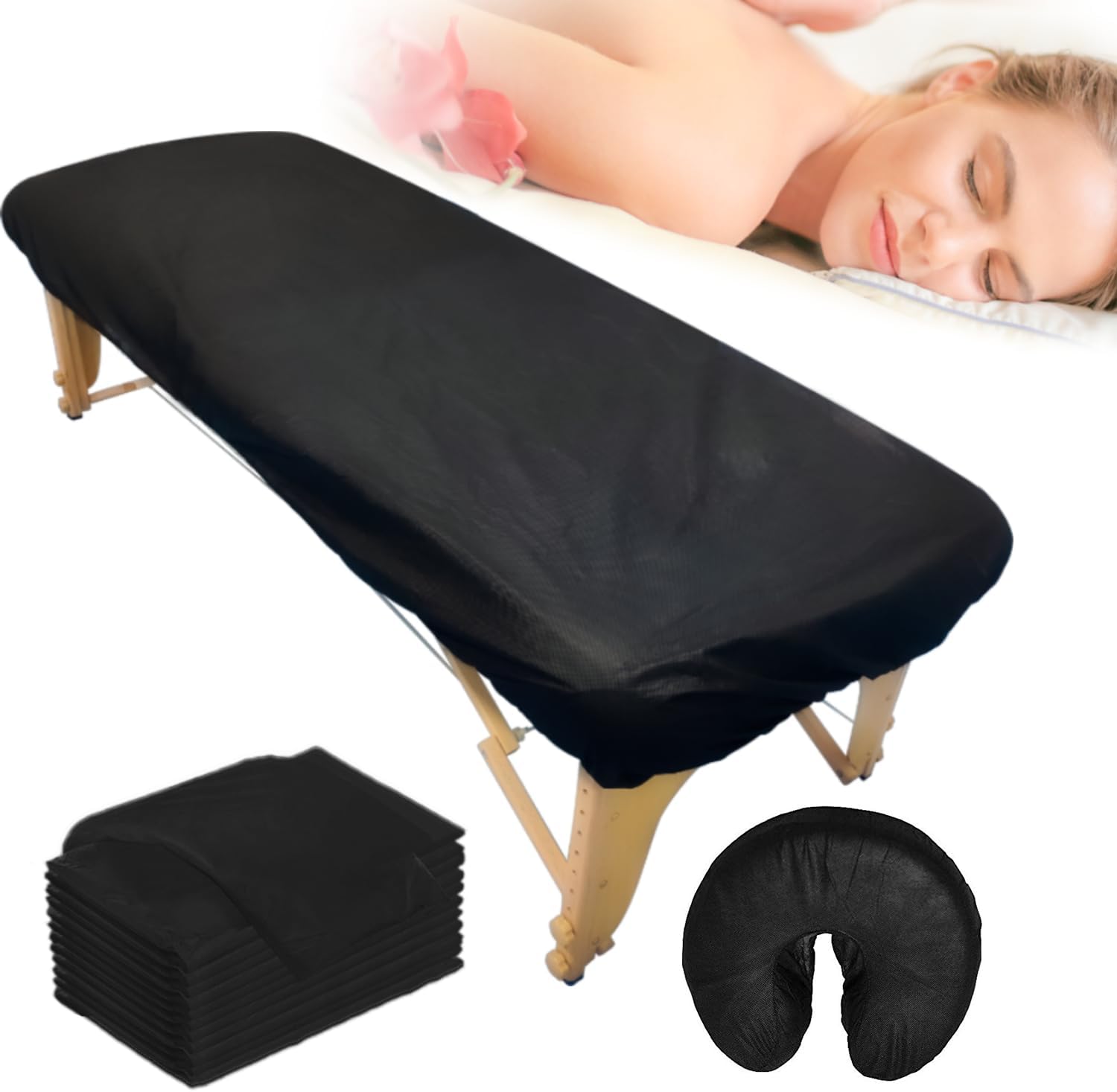 Pack of 24 Disposable Fitted Massage Table Sheets and Fitted Headrest Covers Black