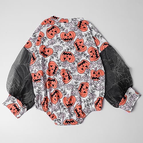 Suéter infantil para meninos e meninas, estampa de abóbora do diabo, renda, manga comprida, gola red
