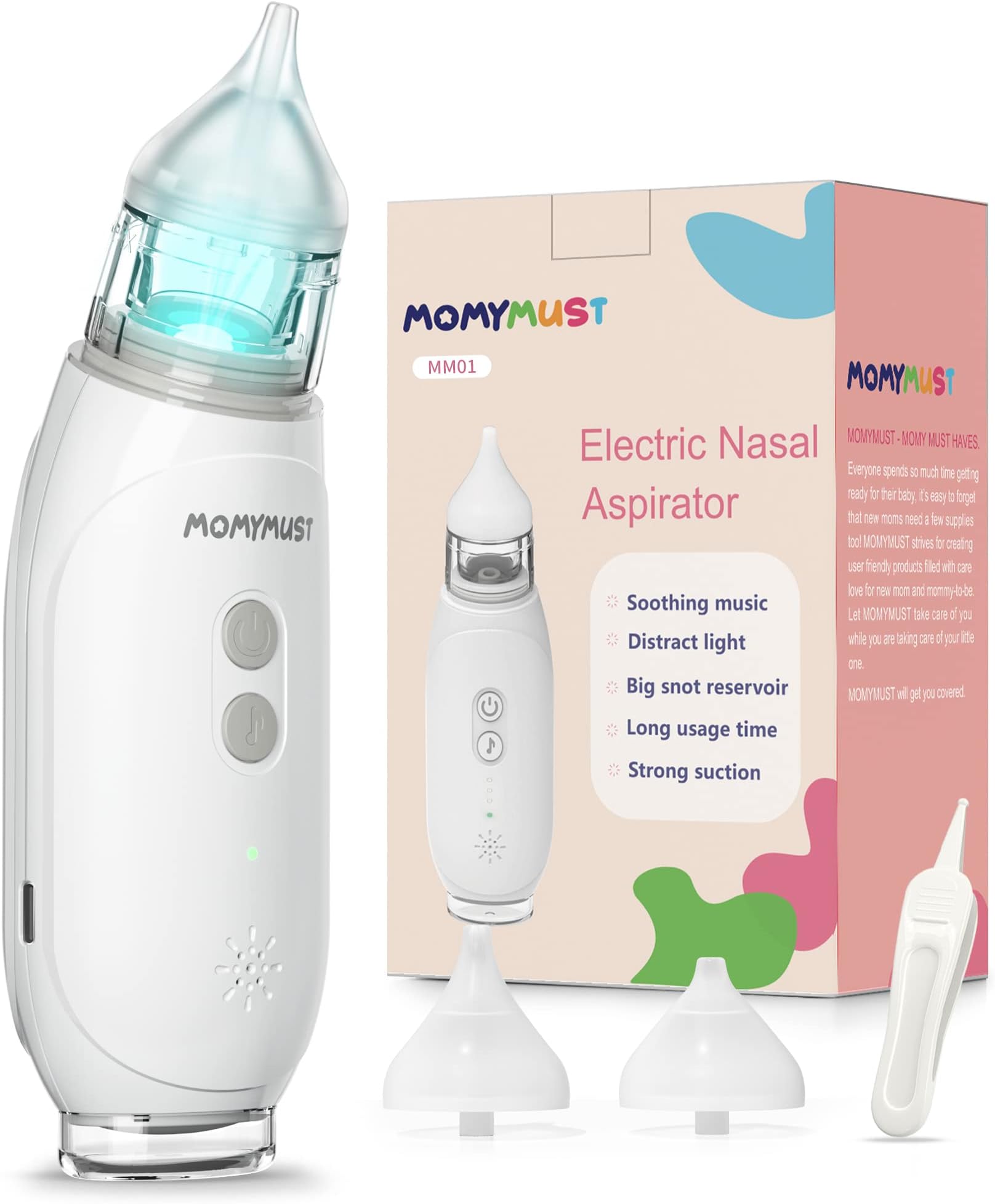 Nasal Aspirator for Baby, MOMYMUST Electric Baby Nose Cleaner with Self-Cleaning Function, Baby Nasal Aspirator with 3 Levels of Suction, Music and Light, 2 Nose-Tips, 60 Days Use Time