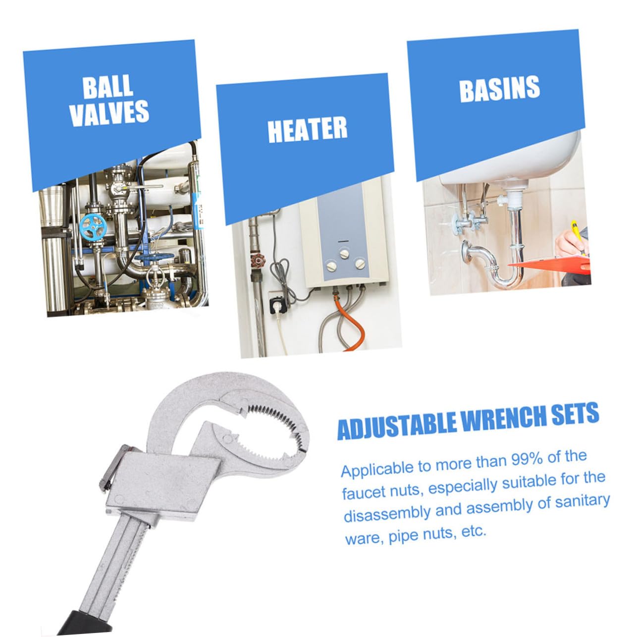 Llave Inglesa Ajustable de Doble con Dientes Redondeados para Fontanería Herramienta Multifuncional para Lavabo y Cocina con Accesorios para Estrechos Mango Portátil