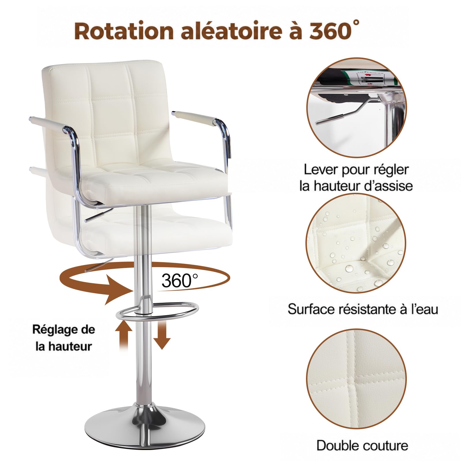Panana Lot de 2 Tabourets de Bar, Chaises Haut, Hauteur Réglable, Revêtement en PU, Rotatif sur 360°, avec Accoudoirs, Dossier et Repose-Pieds, Pied Chromé (Beige)