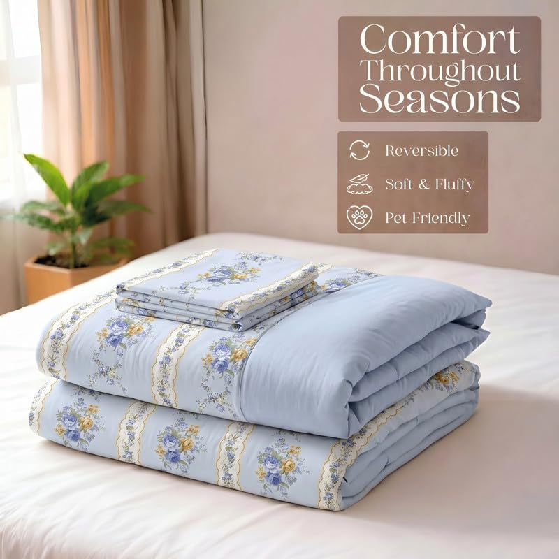 Image of Utopia Bedding Microfiber AC Comforter for King Size 220x240 cm - Lightweight, Skin-Safe & Hotel-Style Quilted Blanket with Floral Print Lilac