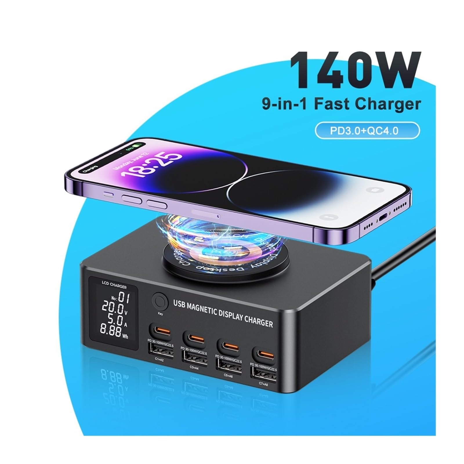 Caricatore USB C, Caricabatterie wireless con stazione di ricarica rapida multi USB-C da 140 W con display LED PD QC 3.0 Ricarica rapida, Veloce, Efficiente e Versatile(With 100w 1m cable)