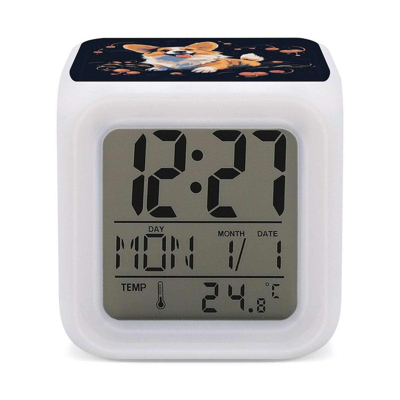 JTREHY 7 Color Changing LED Digital Alarm Clock,Corgi Dog on Dark Background Printed Wake-up Clock with Temperature Display Home Decoration Alarm Clock for Bedroom Office