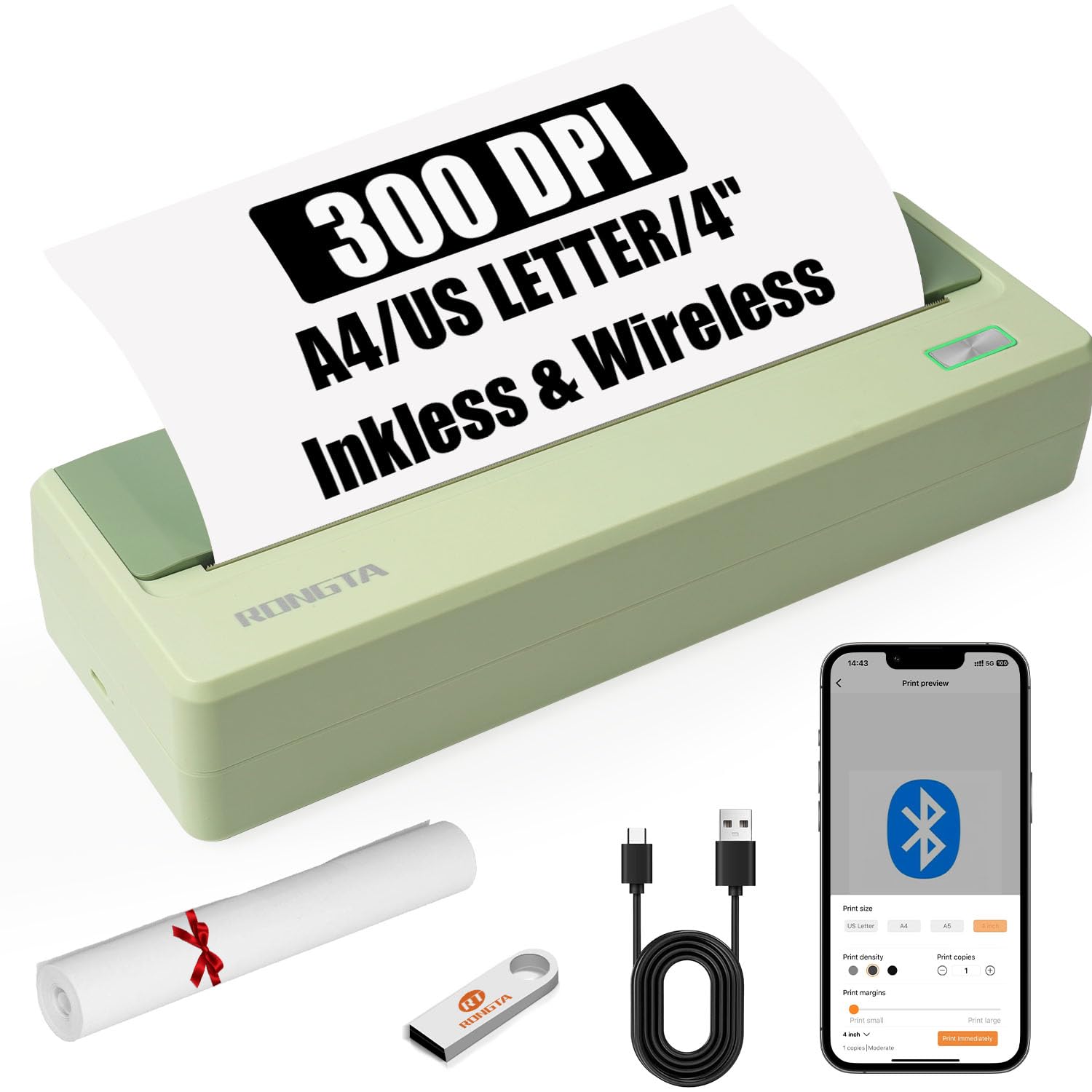 Rongta Inkless Portable Printer for Travel, Wireless Thermal Printer Support 8.5 x 11 inch A4/ US Letter, Bluetooth Compatible with Android/iOS