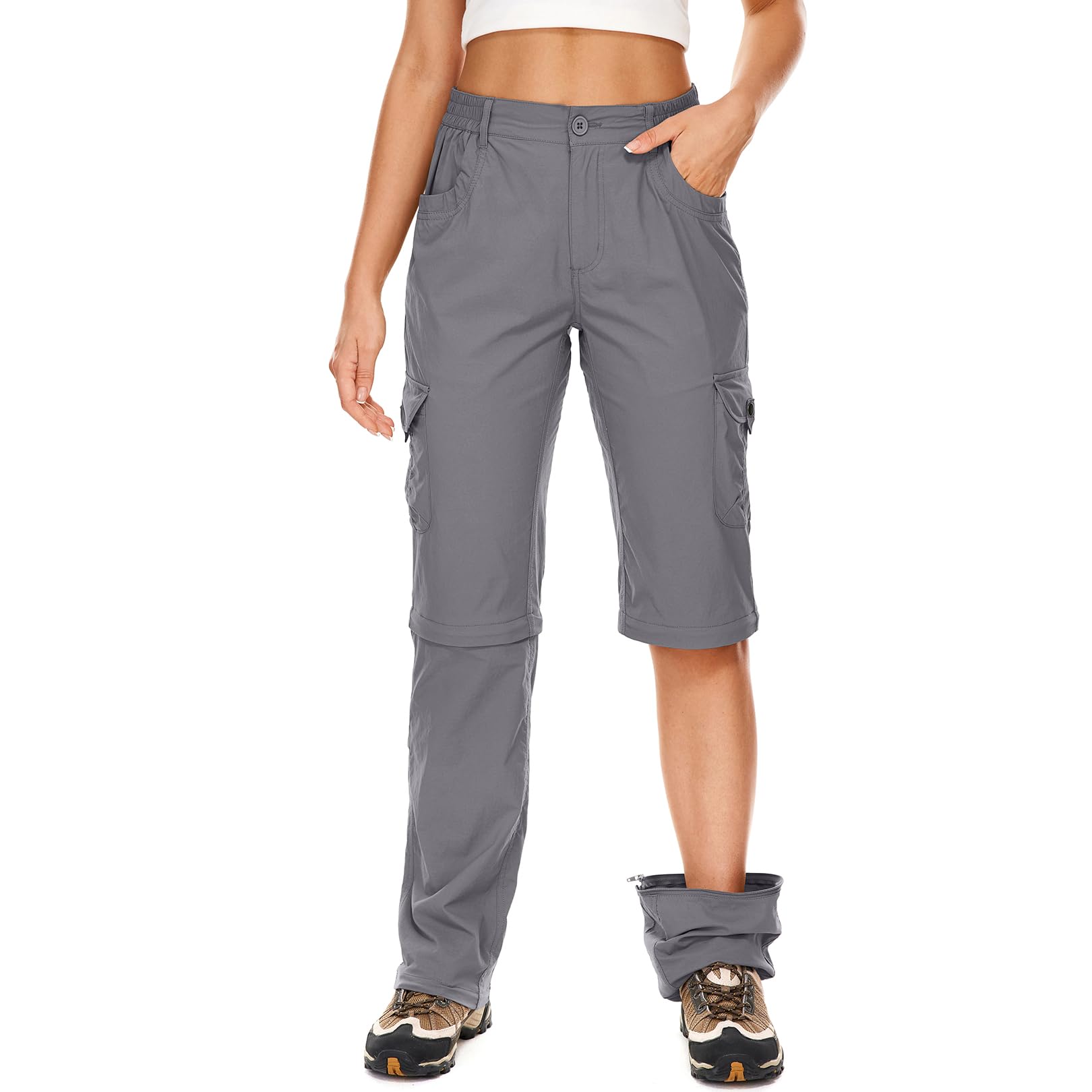 Damen-Wanderhose, wandelbar, leicht, schnell trocknend, mit Reißverschluss, Safari-Angelhose, grau, 38