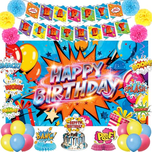 Image of Crenics Comic Theme Birthday Decorations - Colorful Happy Birthday Backdrop, Banner, Hanging Swirls, Honeycomb Centerpieces and Balloons for Hero Themed Party Supplies