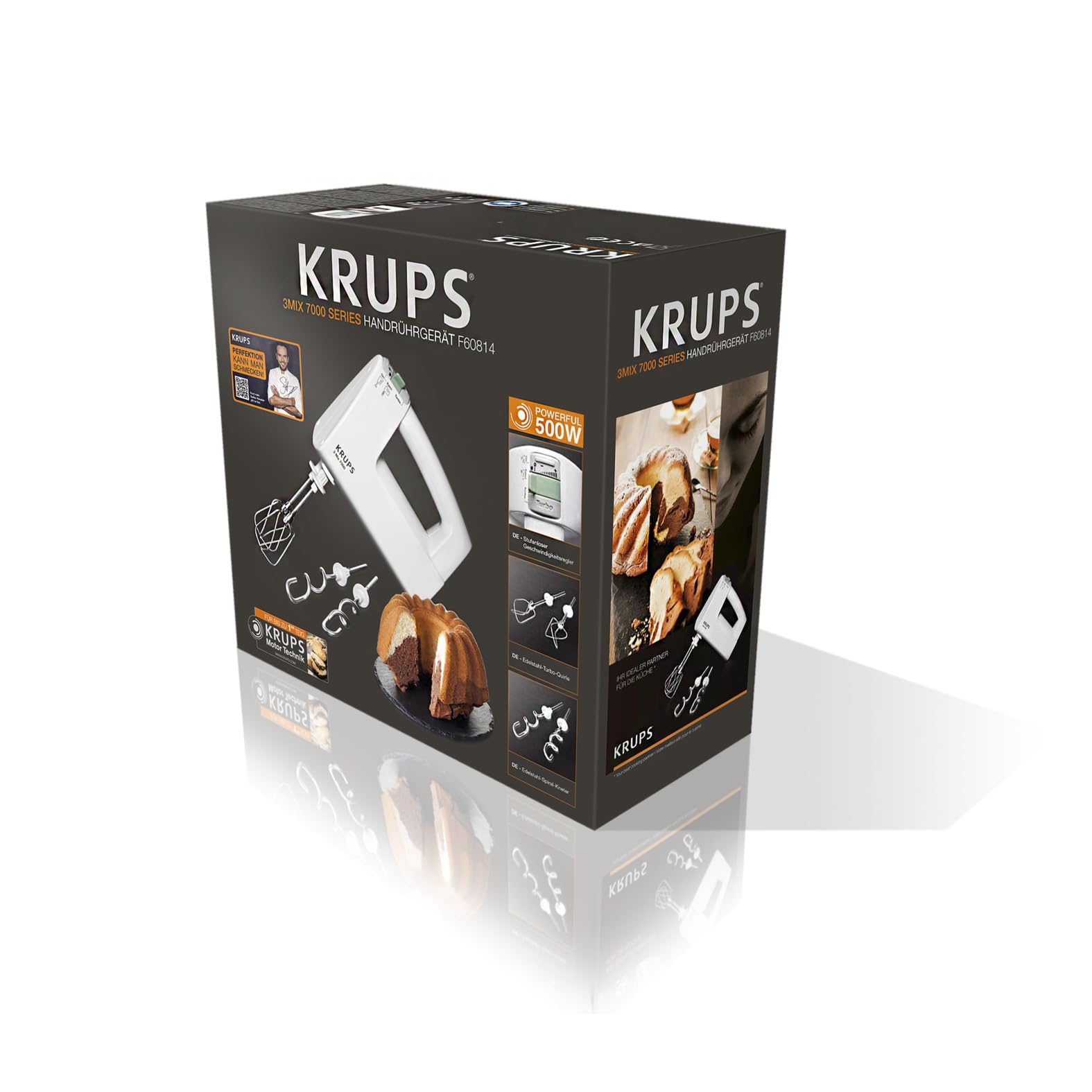 KRUPS 3MIX 7000 Handmixer, 500W, ergonomischer Griff des Mixers, stufenloser Geschwindigkeitsregler + Turbo- & Auswurftaste, Schneebesen & Knethacken aus Edelstahl, bis zu 1kg Brotteig, weiß, F6081