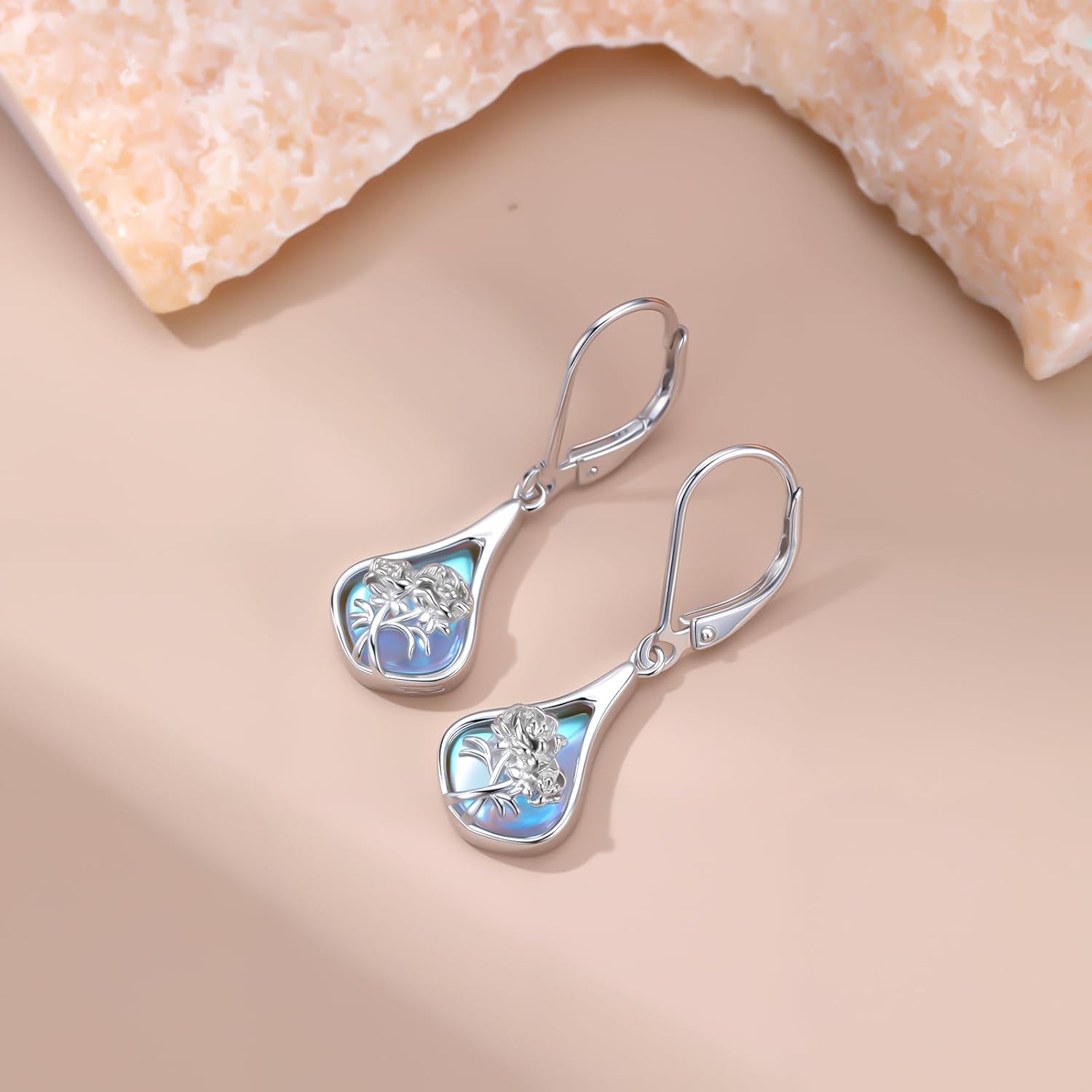 925 Sterling Silver Flower Moonstone Earrings, Moonstone Dangle Drop Hoop Earrings,Elegant Earrings Jewelry Gift for Women - Image 3