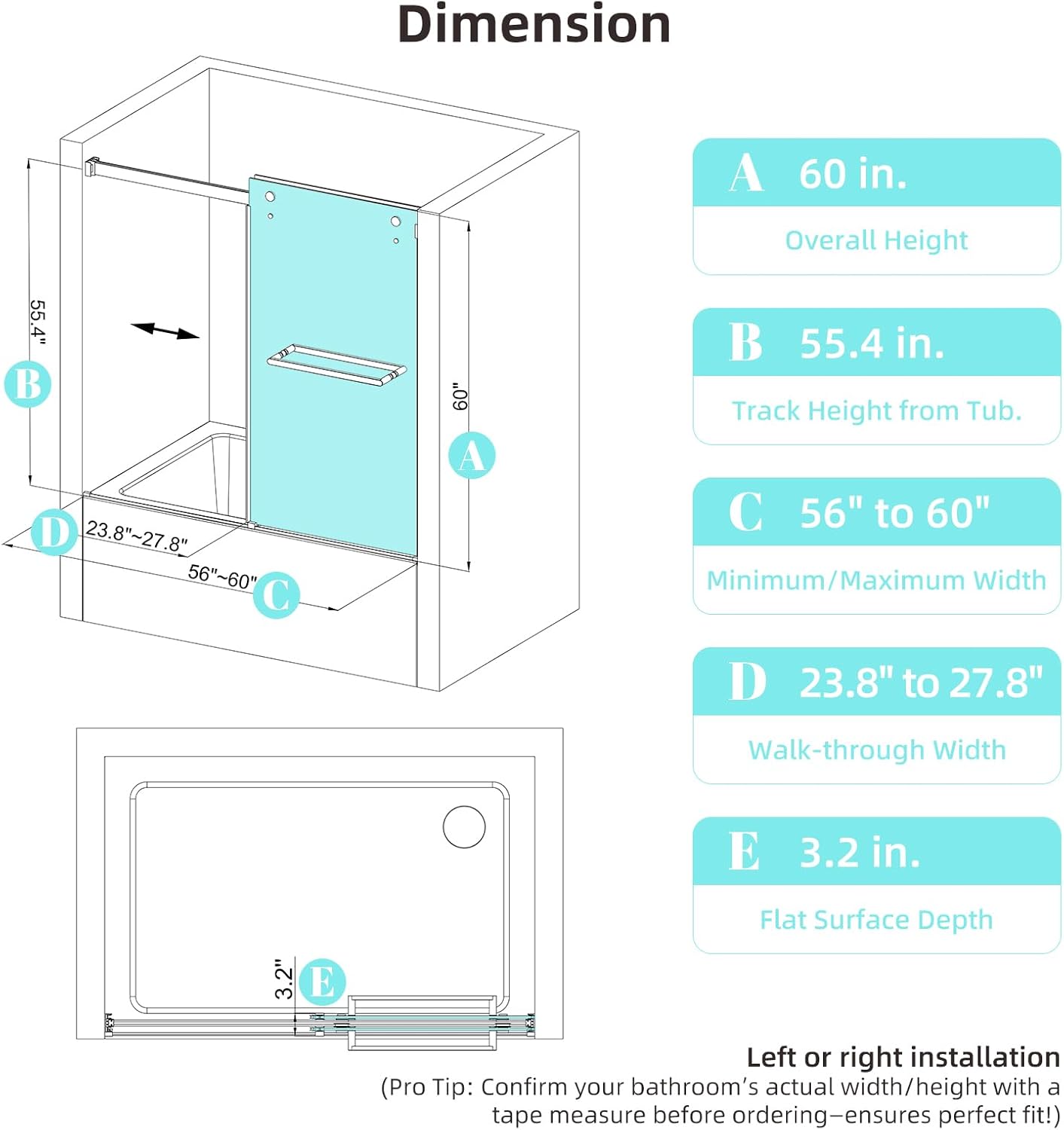 Double Sliding Bathtub Shower Door, 56-60 in. W x 60 in. H Tub Glass Door, 5/16" (8mm) Tempered Glass, Nano Glass for Easy Cleaning, Dual Handles Towel Bar, Stainless Steel Hardware – Bright Chrome