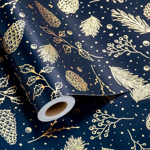 Homeral Christmas Wrapping Paper Roll-46.8 sq.ft. (17in x 33ft) Metallic Shine Navy Blue with Gold Pine Cone, Pine Twig for Christmas, New Year Celebration, Party, Holiday