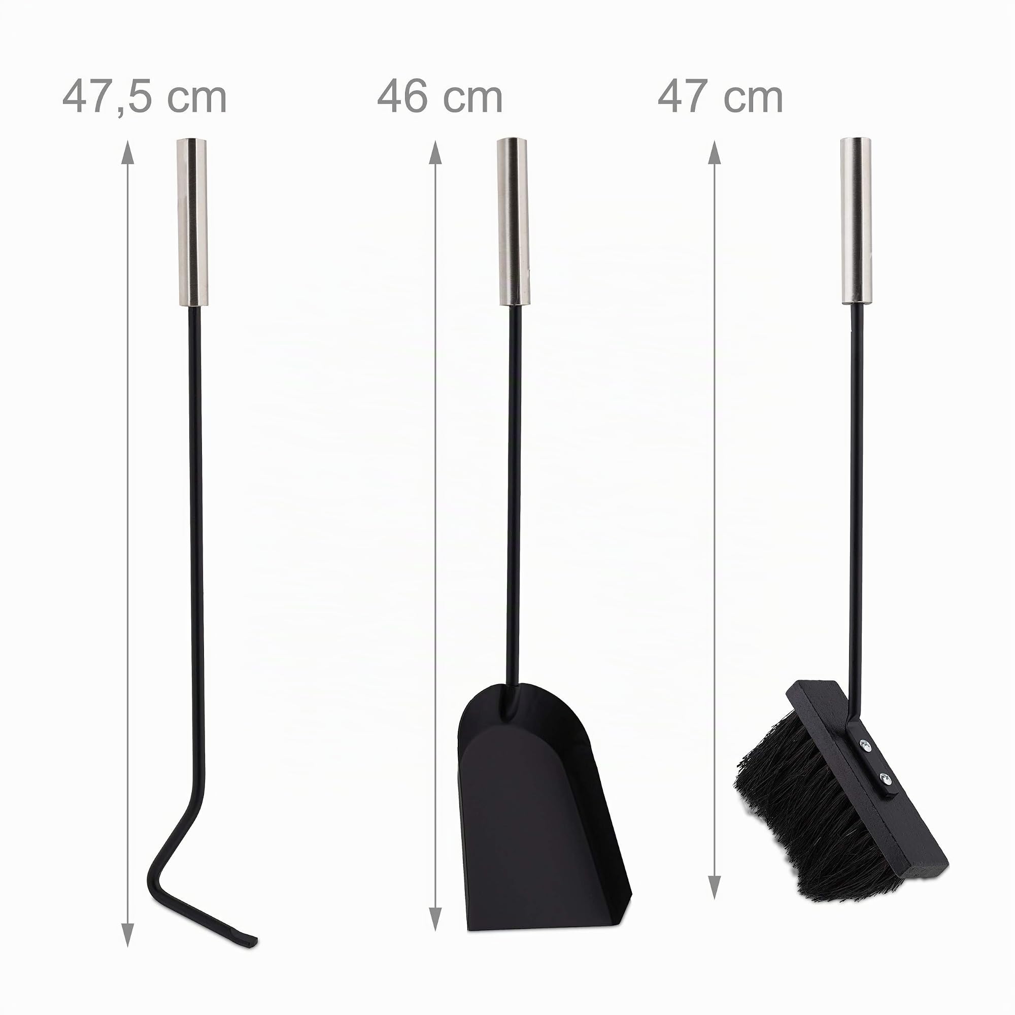 Relaxdays Accesorios Chimenea Modernos, Juego Estufa de 4 Piezas con Atizador, Pala de Cenizas, Escoba y Soporte, Negro