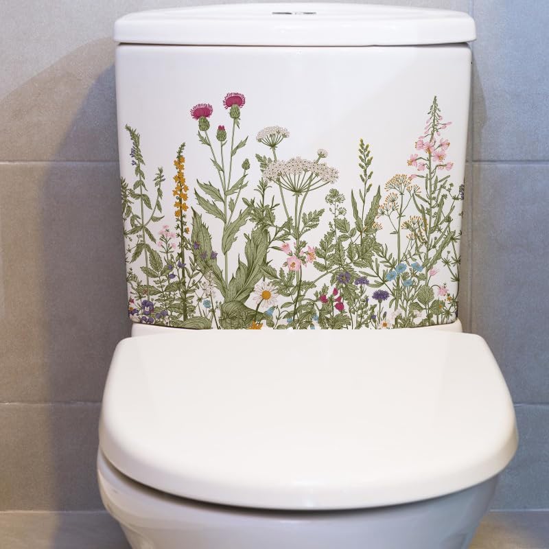 Green Plant Chrysanthemum Flowers Toilet Cover Sticker Decals,Butterfly Flower Leaf Waterproof Toilet Lid Tank Seat Decals Cistern Self-Adhesive Bathroom Wall Sticker
