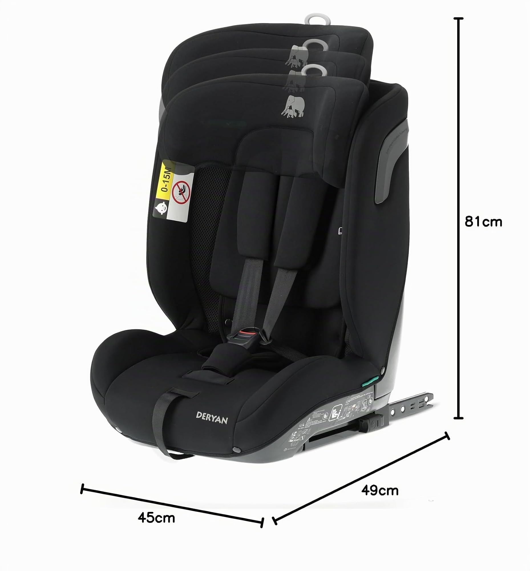 DERYAN Carter i-Size - Seggiolino auto per bambini, 9-36 kg, 76-150 cm, con Isofix, gruppo 1/2/3, schienale e poggiatesta regolabili, sistemi di sicurezza speciali, facile da trasportare, nero
