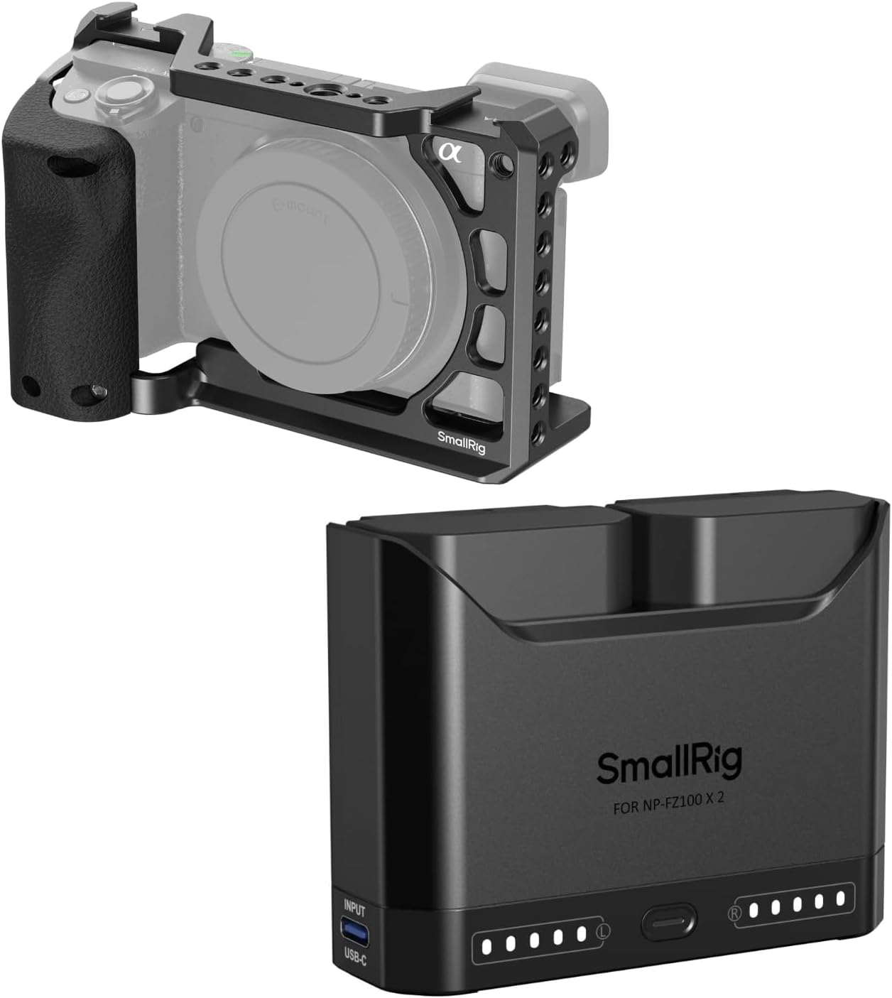 SmallRig Cage with Silicone Handgrip & Cold Shoe and NP-FZ100 Camera Battery Set for Sony